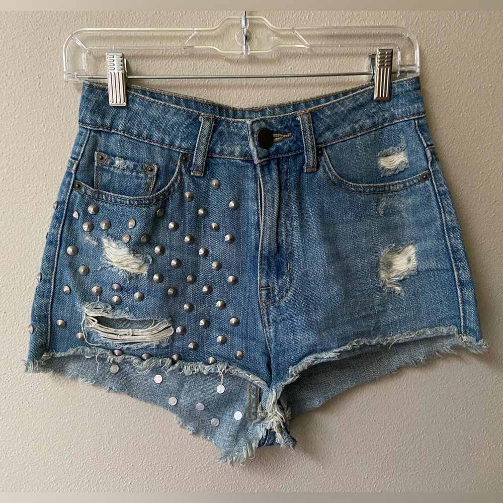 🆕 BDG High Rise Cheeky Distressed & Studded Jean Shorts